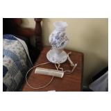 ORNATE COMB & MILK GLASS LAMP W/ PAINTED SHADE