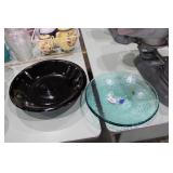 LARGE POTTERY BOWL & GLASS BOWL