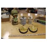 TWO STONEWARE CANISTERS & DECOR