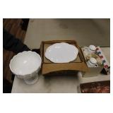 MILK GLASS TEA CUPS, SERVING PLATES, CANDY DISH