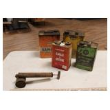 (3) OIL CANS, GAS CAN, ANTIQUE SPRAYER
