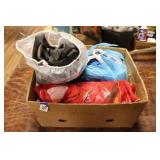 BOX W/ ROPE, BICYCLE TUBES AND FRUIT BAGS