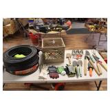 CRATE OF GARDENING ITEMS & ROLLS OF LANDSCAPE EDGE