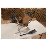 TWO ASH SHOVELS & FIREWOOD STAND