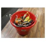 PLASTIC TUB W/ EXT. CORDS, LIGHT & JUMPER CABLES
