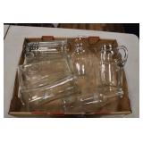 GLASS VASES, PITCHER & BOTTLE