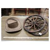 TWO WOODEN WHEELS & COWBOY HAT