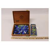 CIGAR BOX & TIN OF MARBLES