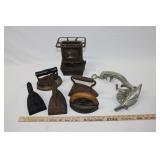 SAD IRONS, HEATER & VINTAGE KITCHEN ITEMS