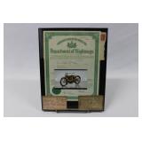 FRAMED 1917 HARLEY DAVIDSON TITLE, REG. & MORE