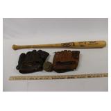 AUTOGRAPHED LOUISVILLE SLUGGER BAT, MITTS & BALL