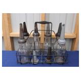 OIL BOTTLES W/ SPOUTS & METAL CARRIER
