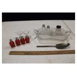 GLASS SERVING TRAY W/ S&P SHAKERS & MORE