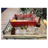 COKE BOTTLE CRATE W/ ANTIQUE/VTG BOTTLES & MORE