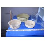 CERAMIC DOG BOWLS, BOWL & GLASS VASE