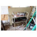 METAL SHELF W/ GREASE GUNS, PEG BOARD & MORE