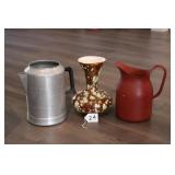 2 METAL PITCHERS & 1 CERAMIC VASE