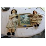2 HAND STITCHED DOLLS & PRINT