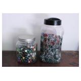 1 JAR OF MARBLES & 1 JAR DECOR BEADS