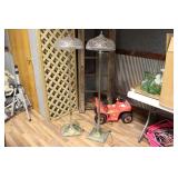 (2) HEAVY METAL FLOOR LAMPS W/ CUT GLASS SHADES