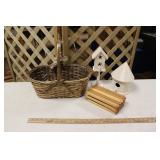 BASKET W/ WOODEN BIRD HOUSES & MORE