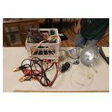 CRATE W/ JUMPER CABLES, ELE. CORDS, HARDWARE ETC.