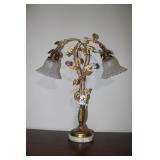 BRASS & PORCELAIN FLORAL LAMP W/ MARBLE BASE