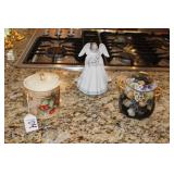 2 ANTIQUE JAM JARS & ANGEL FIGURE