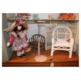 SHELF OF DOLL ACCESSORIES & WOODEN DOLL
