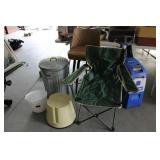 GARAGE ITEMS- STOOLS, LAWN CHAIR, CANS & MORE