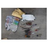 BOX OF ASSORTED TOOLS & GLOVES