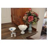 MILK GLASS ITEMES & POTTERY VASE W/ FLOWERS