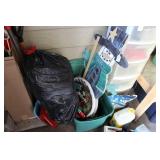 TOTE W/ WOODEN SNOWMAN, XMAS DECOR & BAG OF XMAS