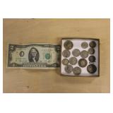 ASSORTED SILVER COINAGE & $2 NOTE