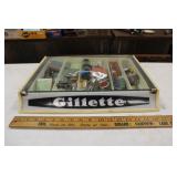 VINTAGE GILLETTE RAZOR SHOWCASE FULL OF ANTIQUES