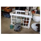 CRATE OF POTTERY, GLASSWARE & (2) INSULATORS