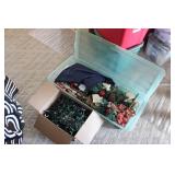 TOTE & BOX OF CHRISTMAS DECORATIONS & LIGHTS