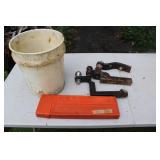 BUCKET W/ ASSORTED HITCH BALLS & WARNING TRIANGLE