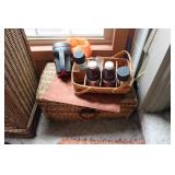 WICKER TRUNK, BASKET AND CONTENTS