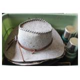 TOTE OF THERMOS, HATS AND MORE