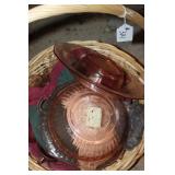 BASKET OF ASSORTED PINK DEPRESSION GLASS