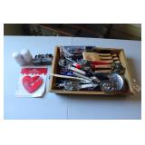KITCHEN TRAY W/ KITCHEN UTENCILS & ITEMS