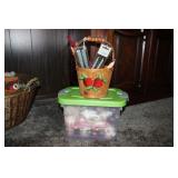 TOTE OF VINTAGE ORNAMENTS & BASKET OF CANDLES