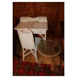 WICKER DESK, CHAIR & GLASS TOP TABLE