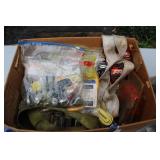 BOX OF STRAPS, CHAINSAW ACCESSORIES & MORE
