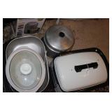 (2) ROASTERS, CROCKPOT, AND ASSORTED COOKWARE