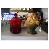 ROSEVILLE VASE (CRACKED) & FOSTORIA GLASS CANISTER