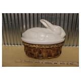 CALIFORNIA POTTERY RABBIT DISH W/ WOOD BASKET