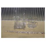 ASSORTED GLASSWARE INCL. BASKETS, RELISH CADDY ETC