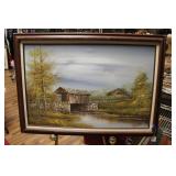 CANVAS COVERED BRIDGE AND BARN BY R. HARRIS